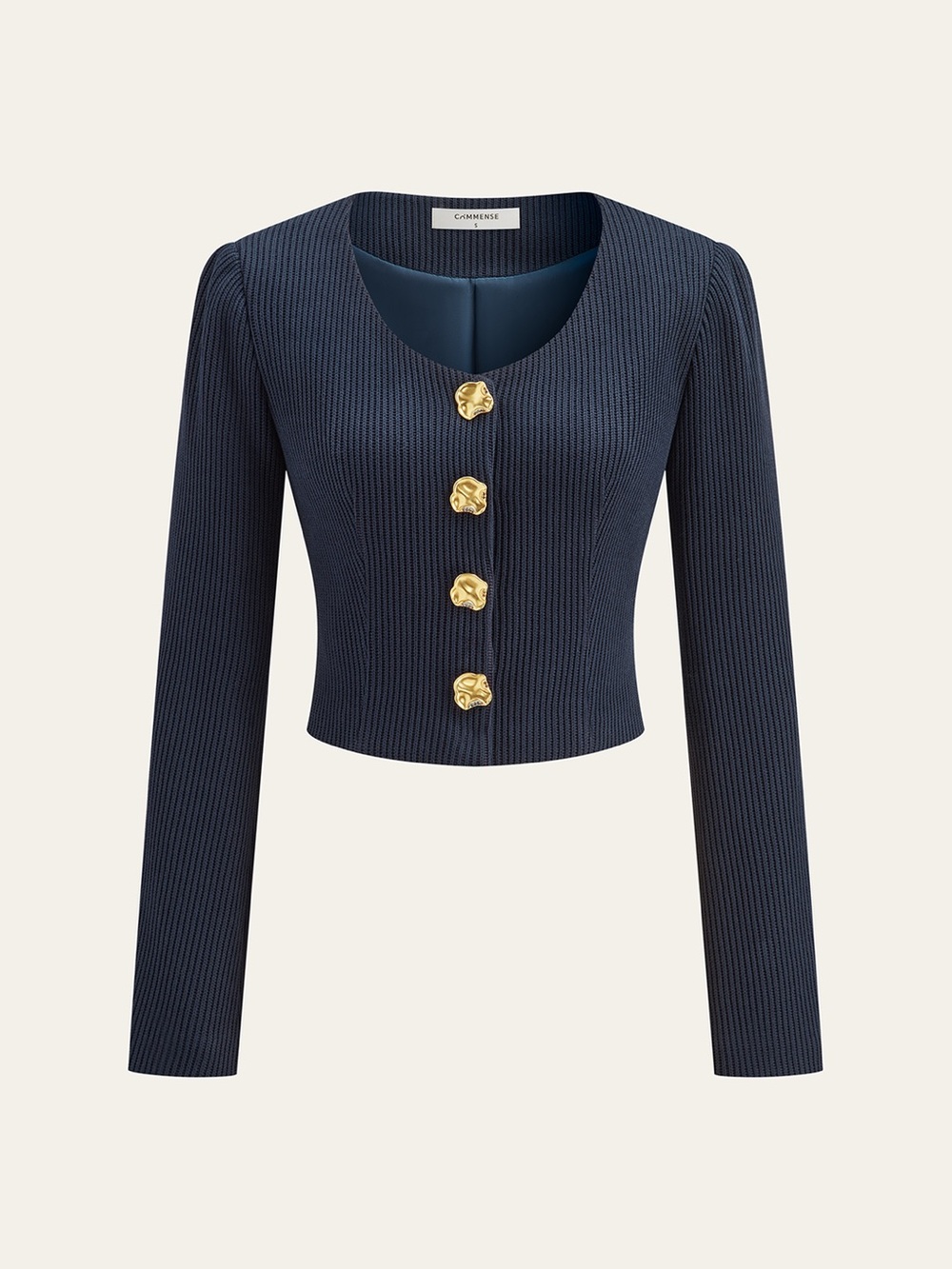 Commense Ribbed Crew Neck Metal Button Blouse NWT